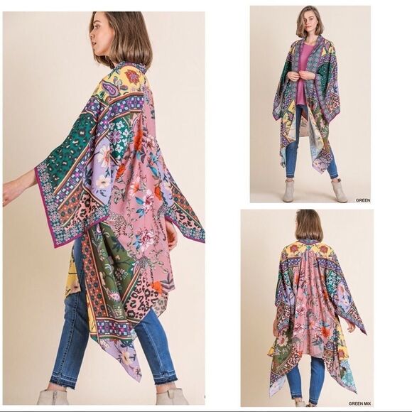 𝅺MIXED Scarf Print Angel Sleeve Open Front Kimono - Picture 3 of 10